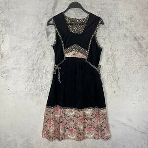 Vintage 60s Cottagecore Velveteen Prairie Midi Dress Small Floral Dark‎ Academia